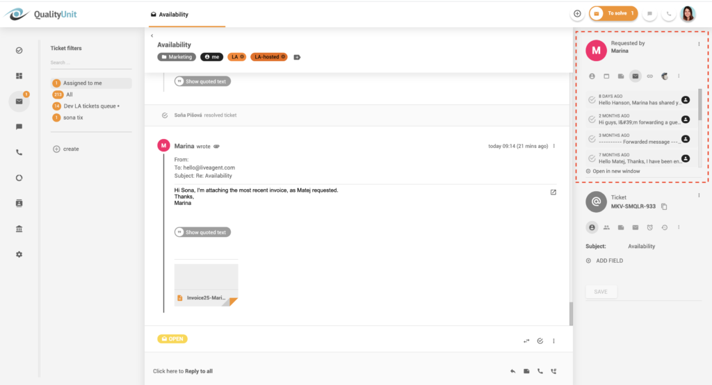 Historie komunikace v podprocesech - LiveAgent