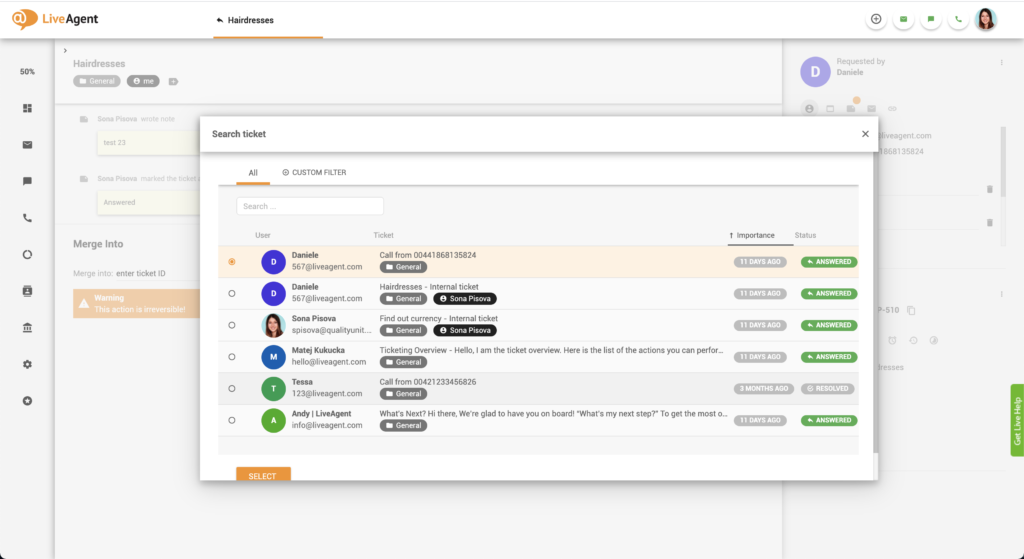 Výběr lístku k sloučení