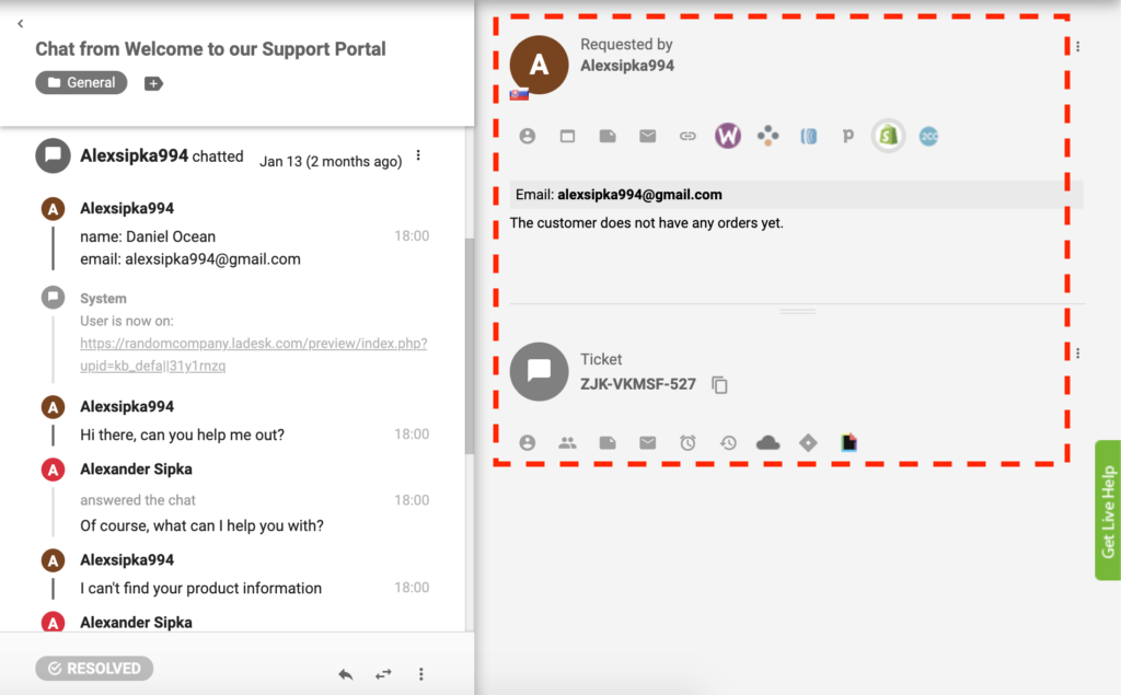Aktivní plugin Shopify v LiveAgent