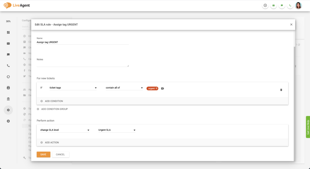 Příklad nastavení urgentního SLA