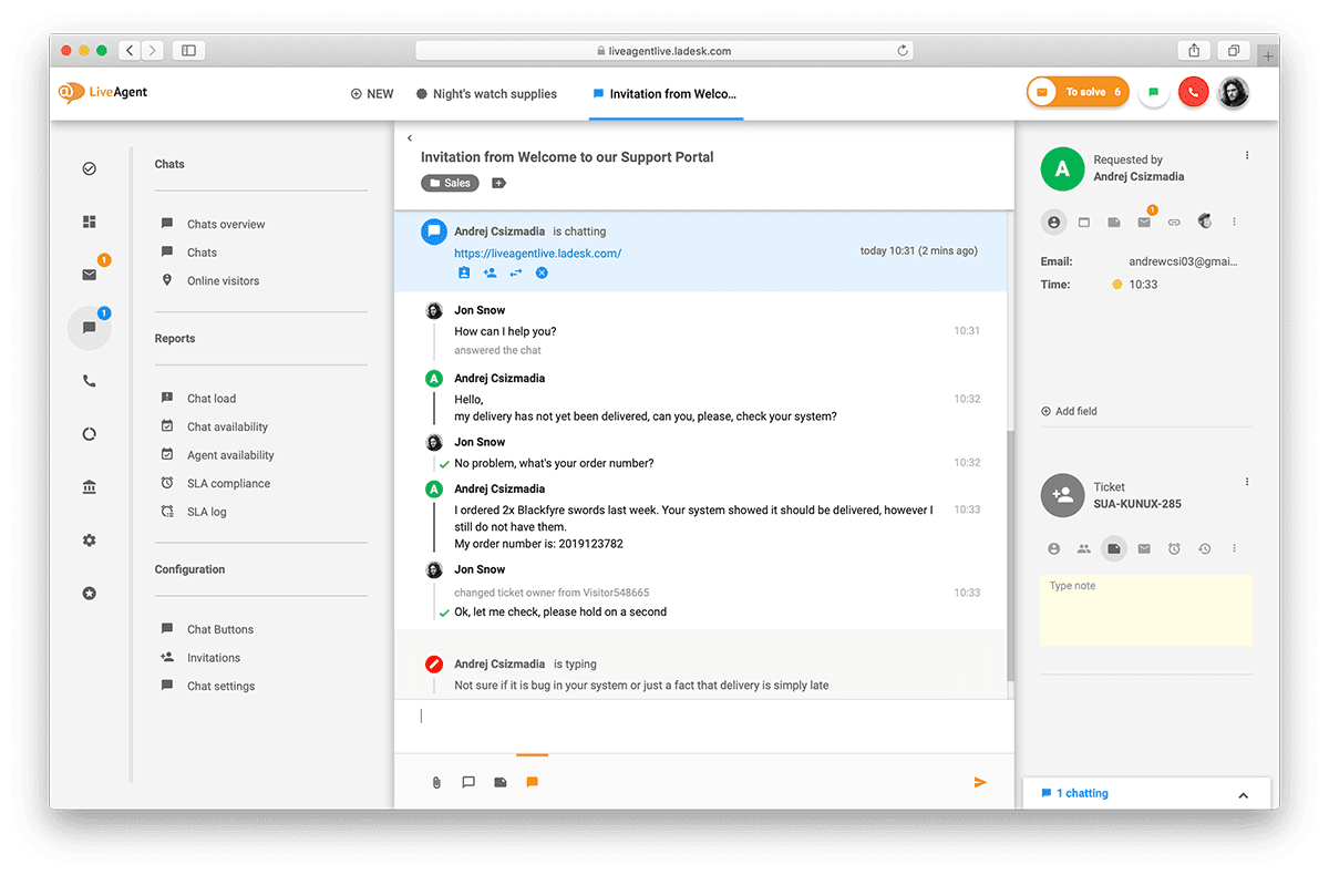 Přehled rozhraní live chatu v LiveAgent.