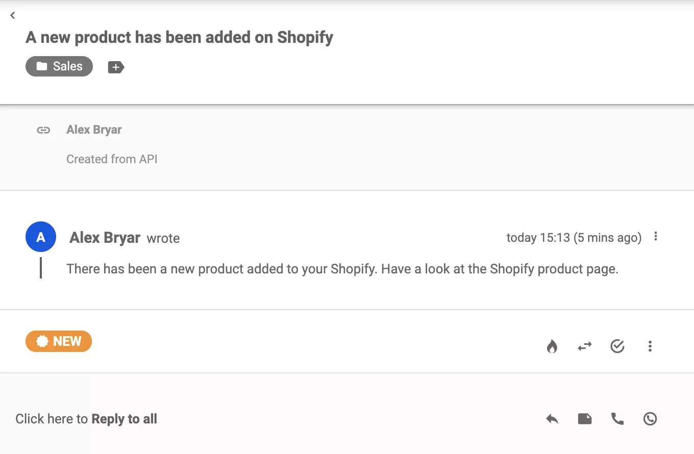 Nový lístek, který byl odeslán ze Shopify po vytvoření produktu