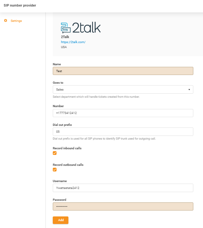 Přihlašovací údaje 2talk
