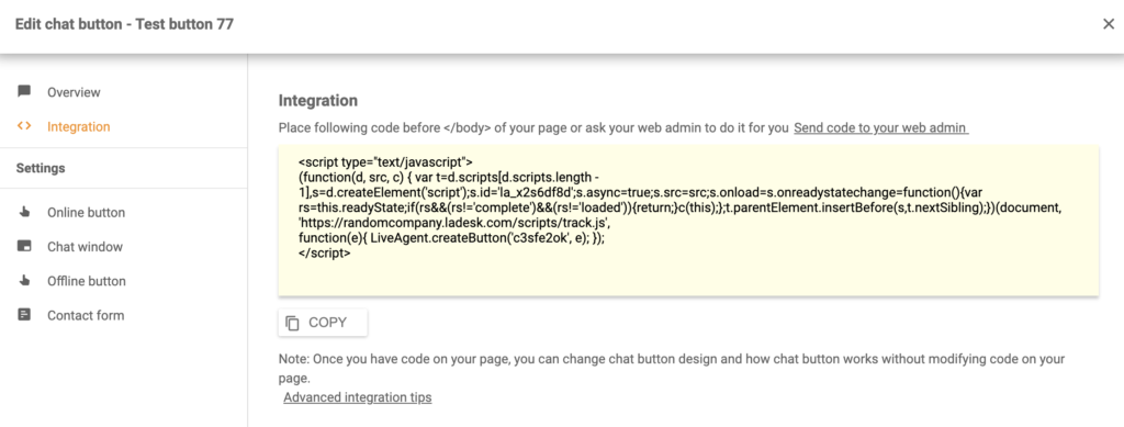 Kód integrace Shift4shop LiveAgent