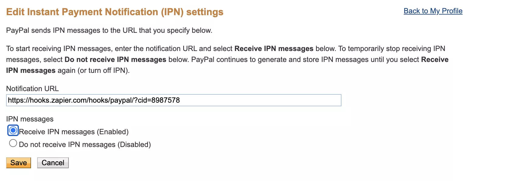 Sekce nastavení Instant Payment Notification v PayPal