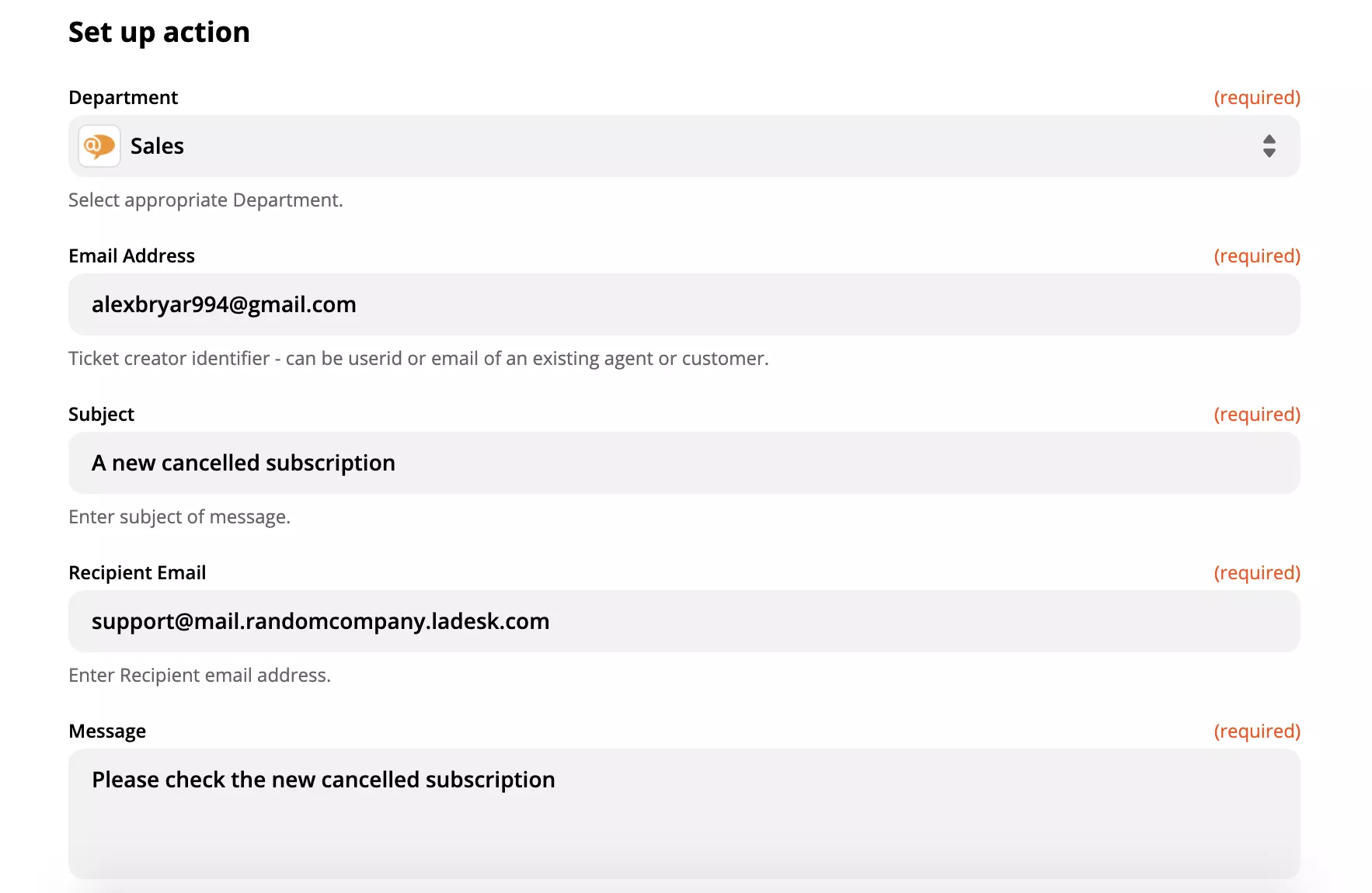 Příklad nastavení akce LiveAgent