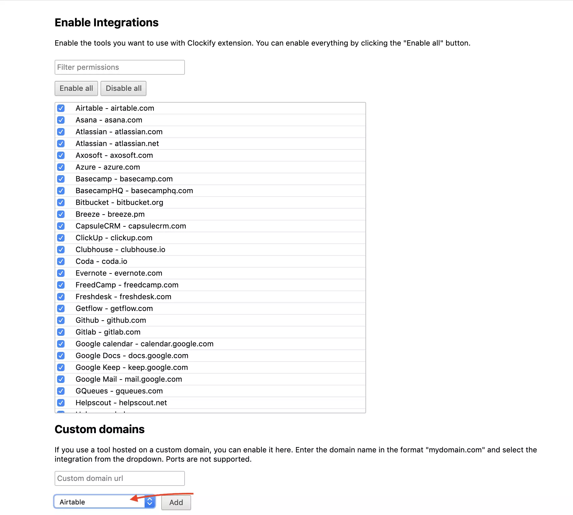 Výběr integrace Clockify