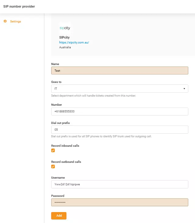 Přihlašovací údaje SIPcity