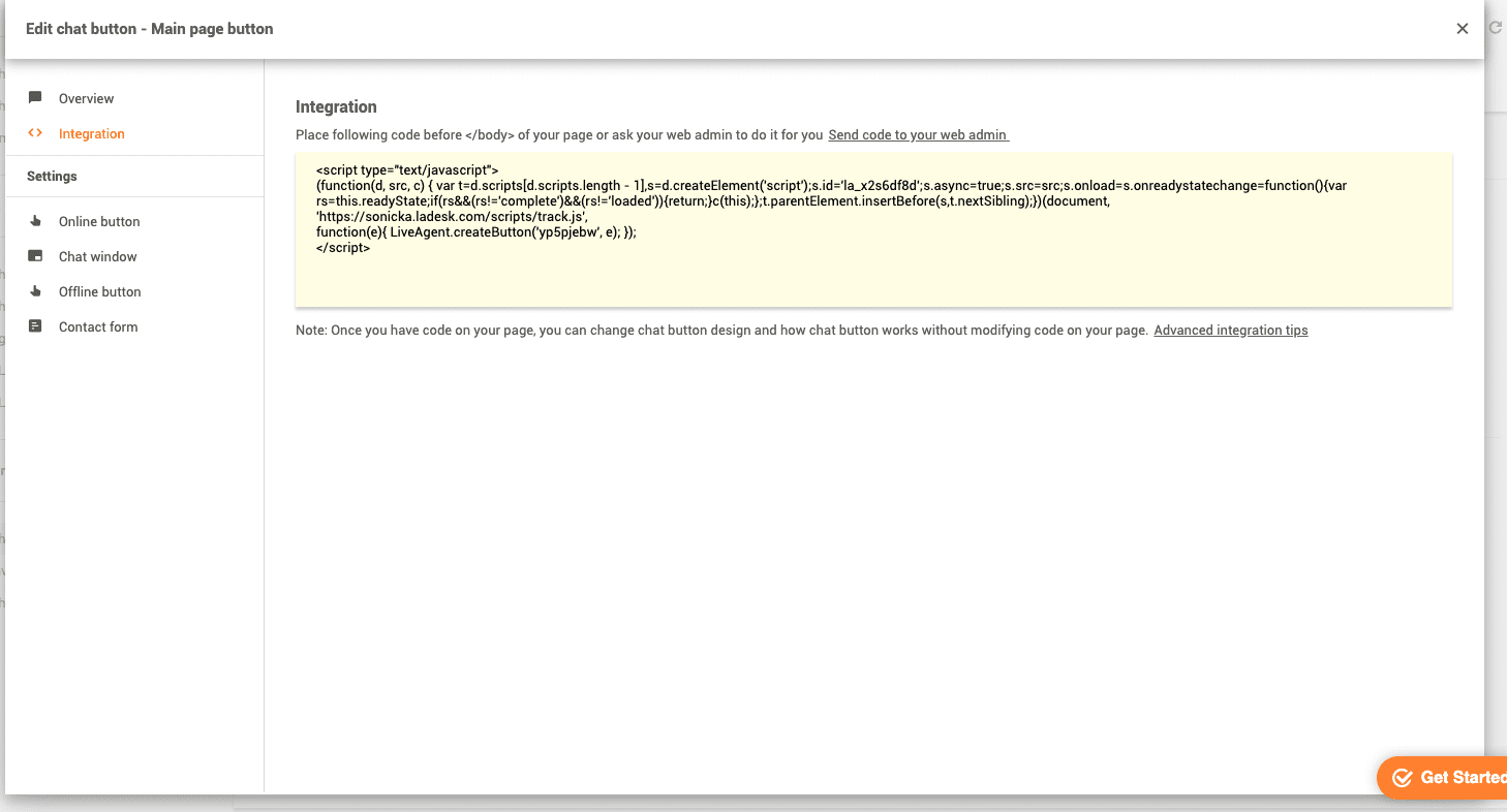 LiveAgent chat button code location