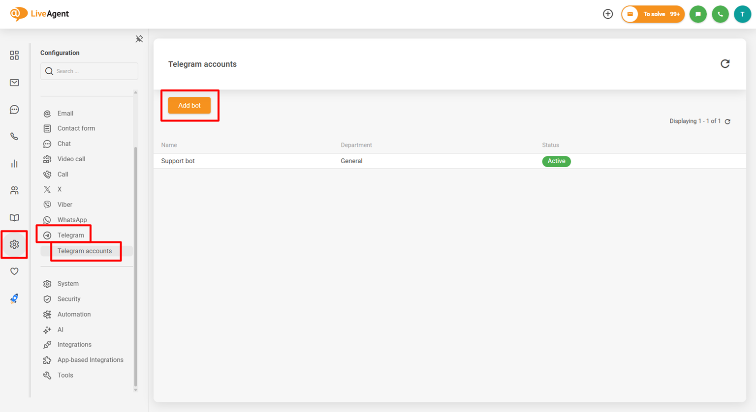 Screenshot konfiguračního panelu integrace Telegramu v LiveAgent zobrazující tlačítko Přidat bota
