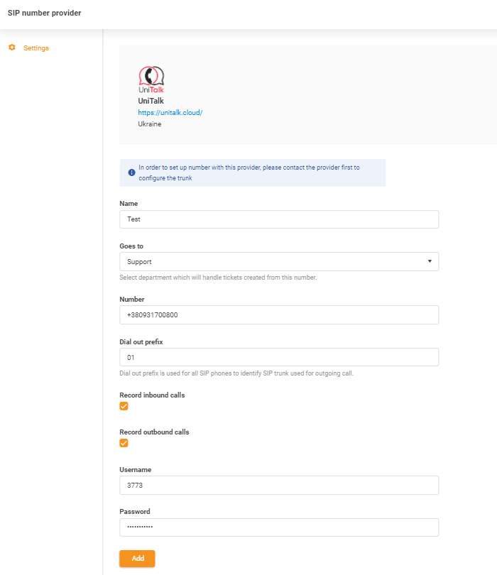 Přihlašovací údaje UniTalk
