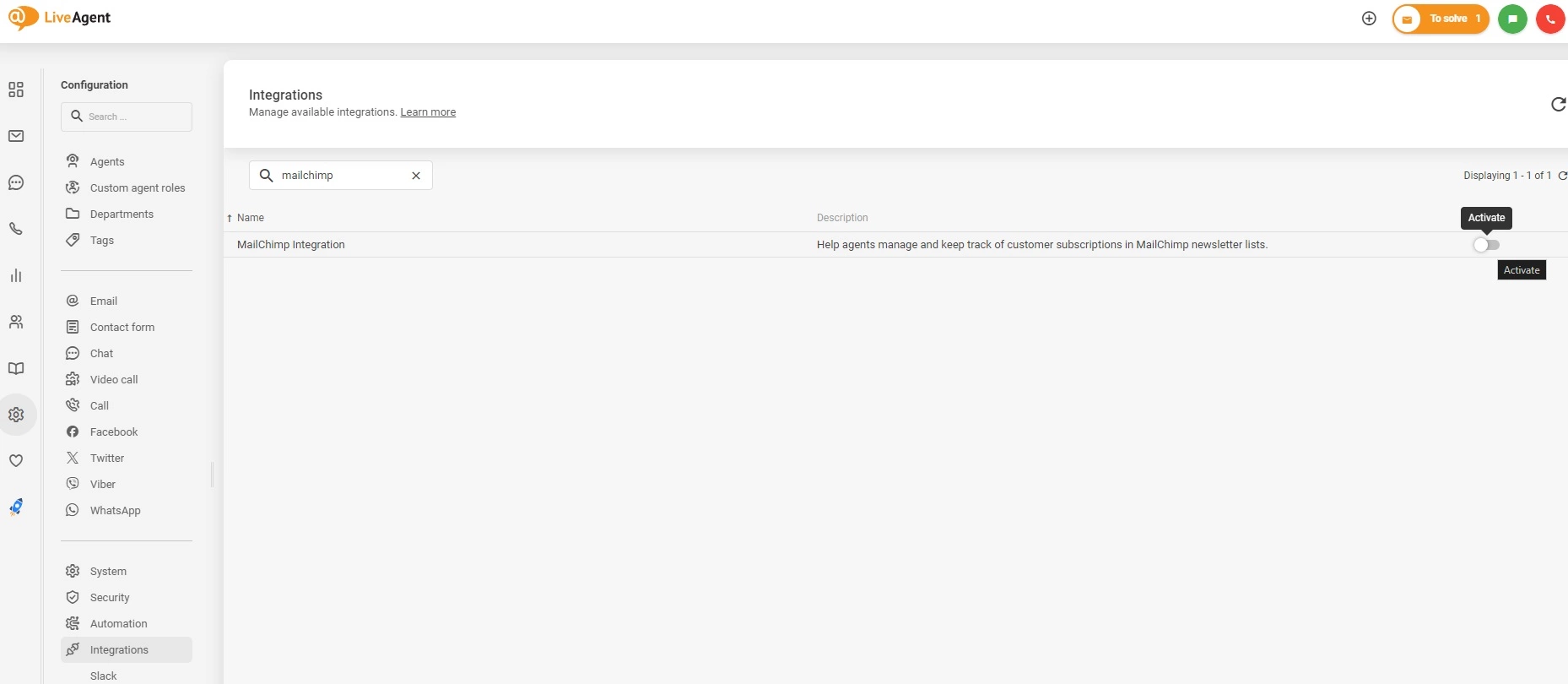 Aktivujte integraci Mailchimp v LiveAgentu