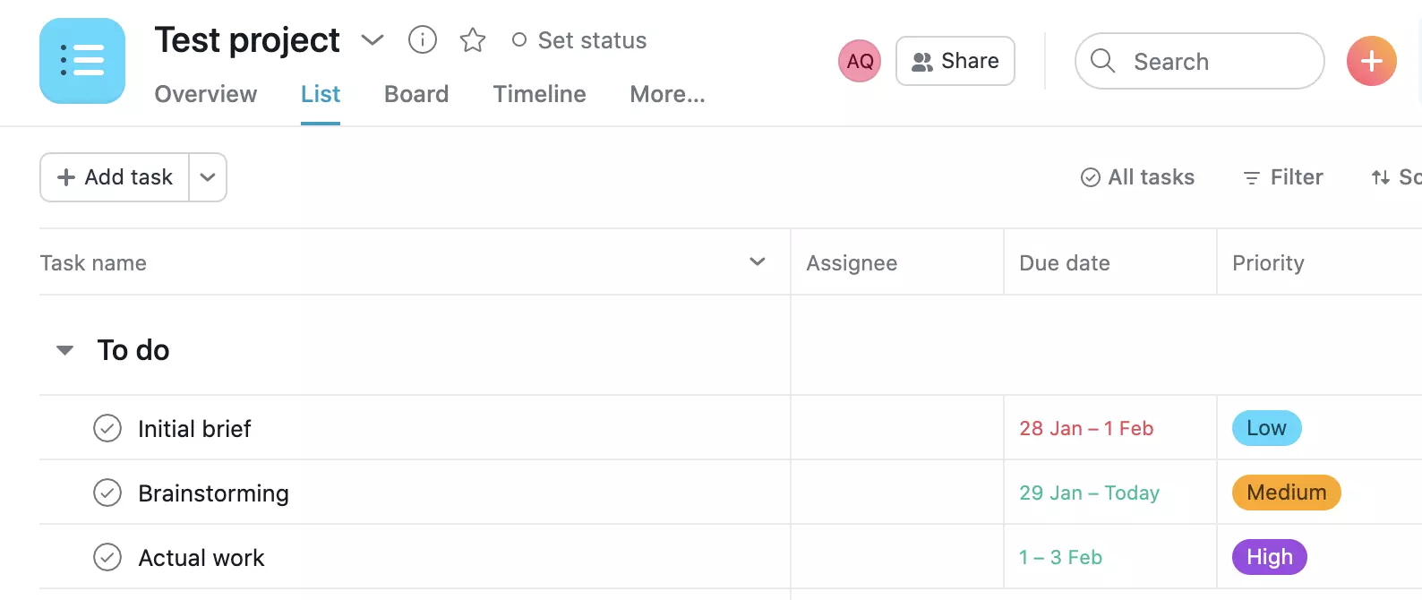 Příklad projektu Asany