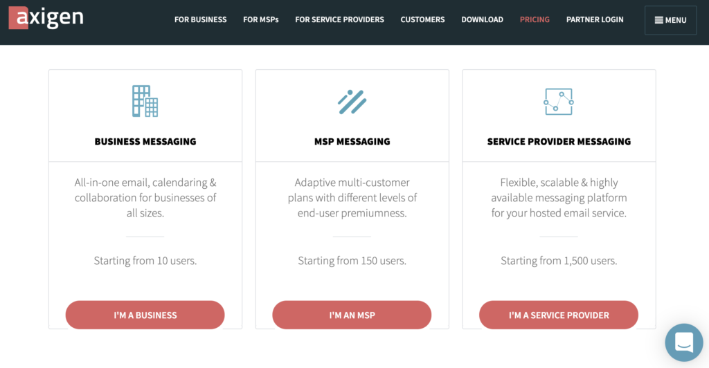 Web Axigenu s cenovými plány