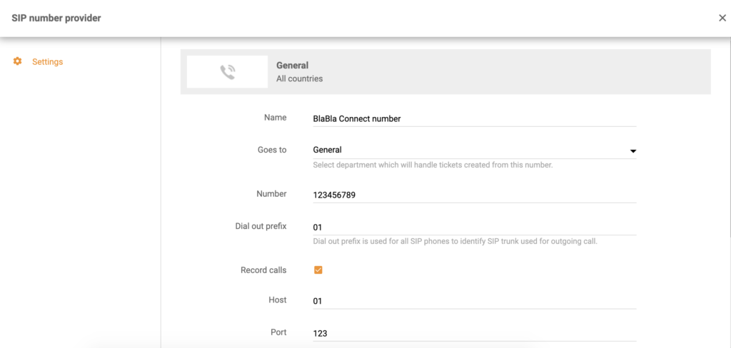 Nastavení integrace BlaBla Connect v konfiguraci hovorů LiveAgentu