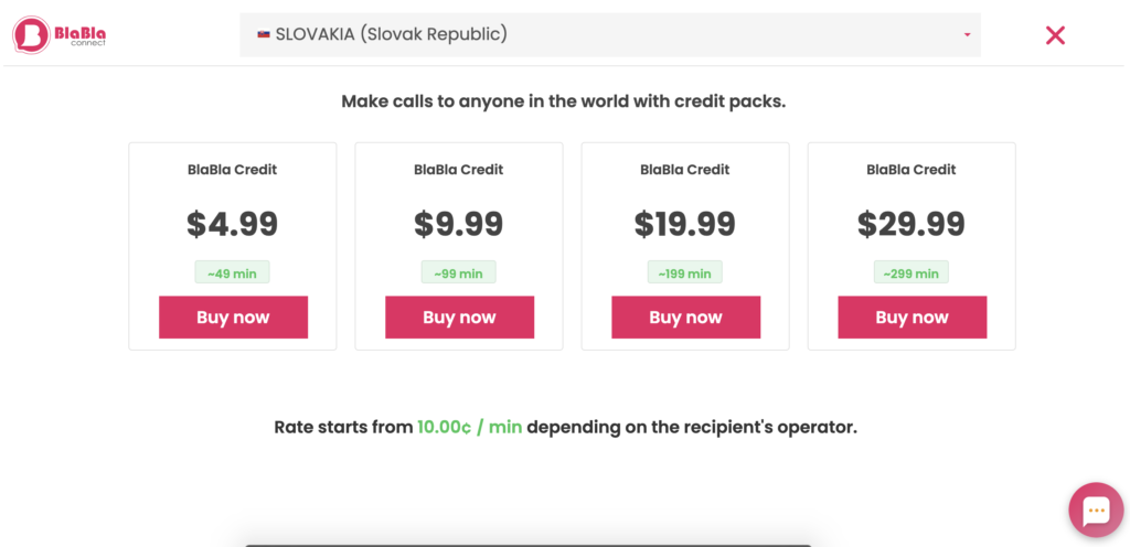 Ceník tarifů BlaBla Connect zobrazený na webové stránce