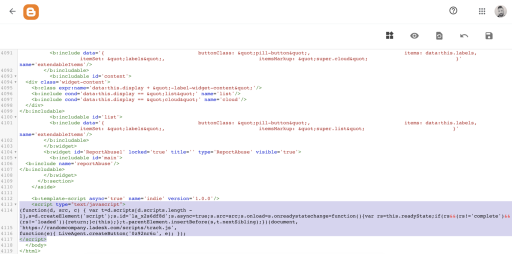 Kód Bloggeru s vloženým kódem tlačítka chatu