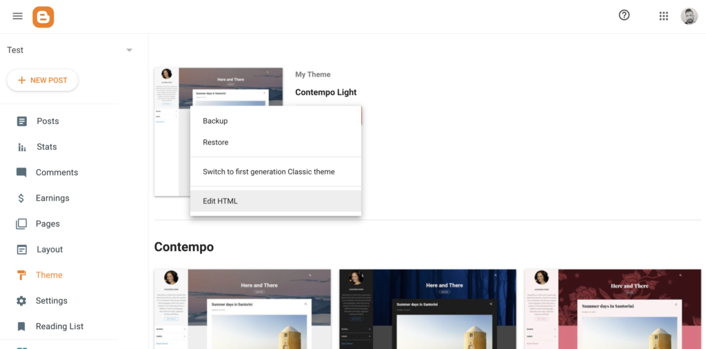 Možnost Upravit HTML v nastavení motivu Bloggeru