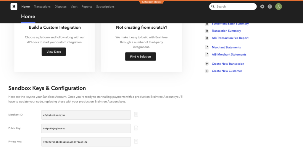 Klíče a konfigurace v Braintree