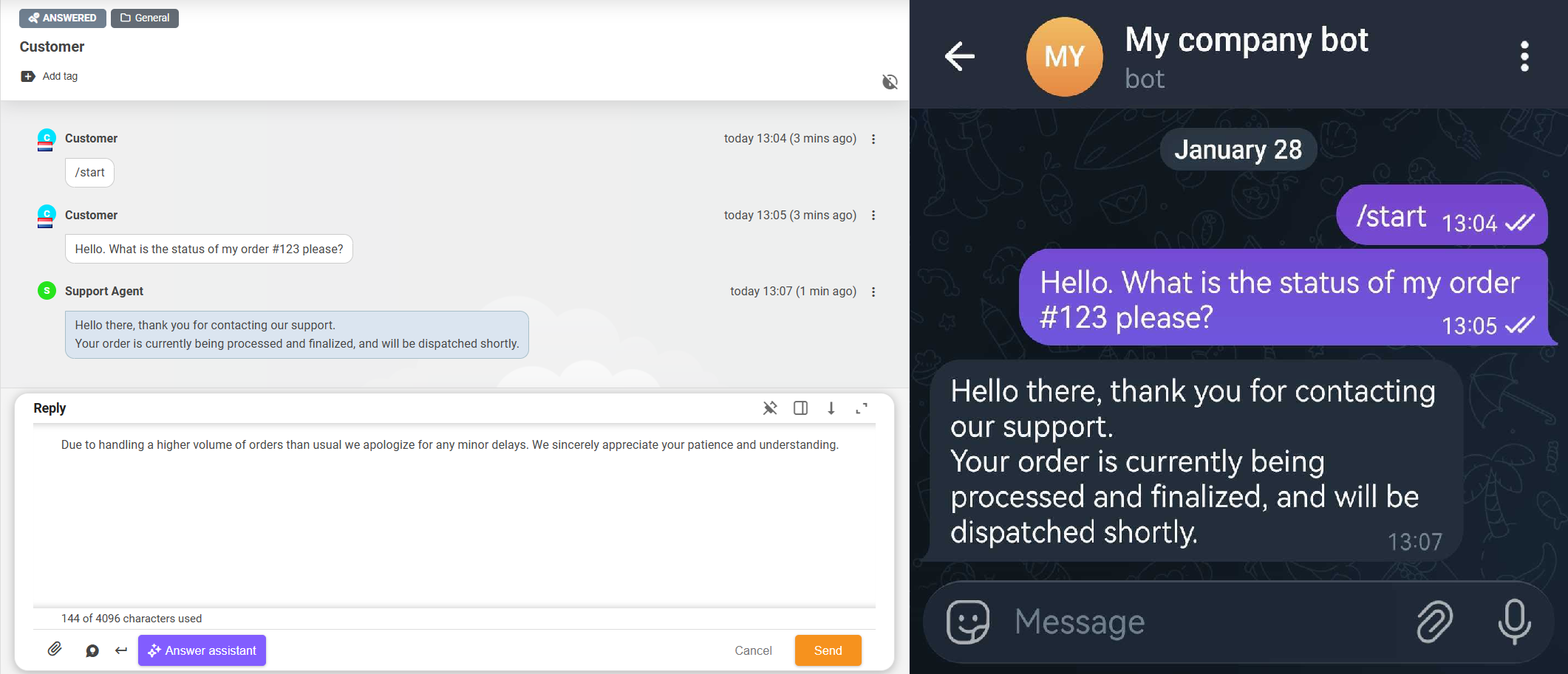 rozhraní firemního Telegram bota