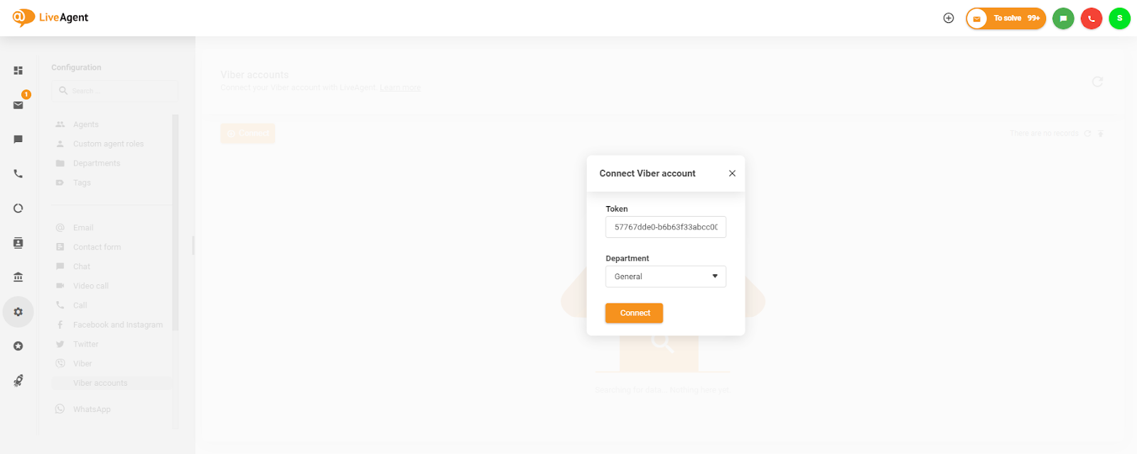 Vložení tokenu v okně Připojit účet Viber
