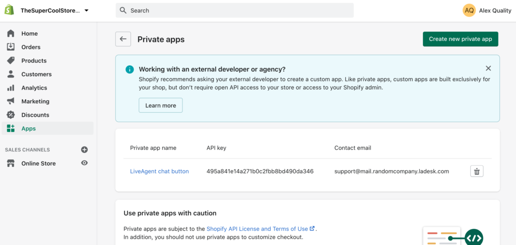 Vytvořte novou soukromou aplikaci v Shopify pro vytvoření integrace s LiveAgent