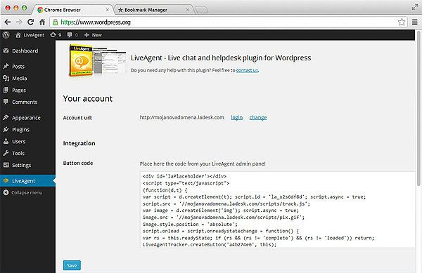 Kód integrace WordPress LiveAgent