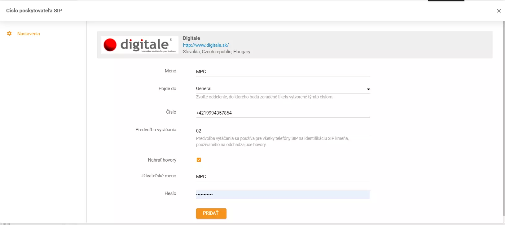 Nastavení přihlašovacích údajů Digitale