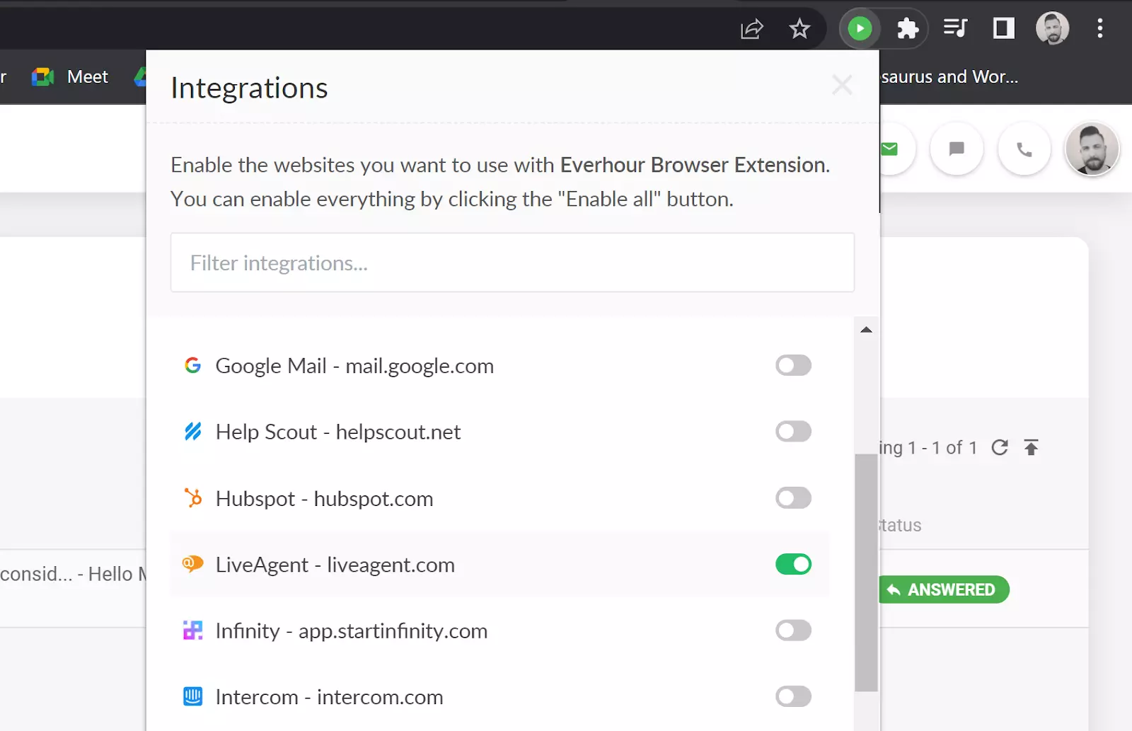 Everhour - povolení integrace LiveAgent