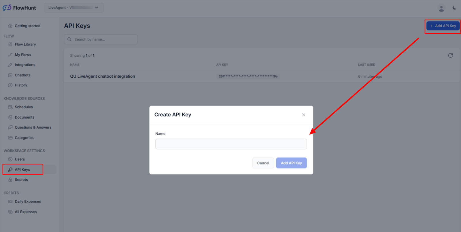 Vytvoření klíče API pro integraci pracovního prostoru FlowHunt s LiveAgent