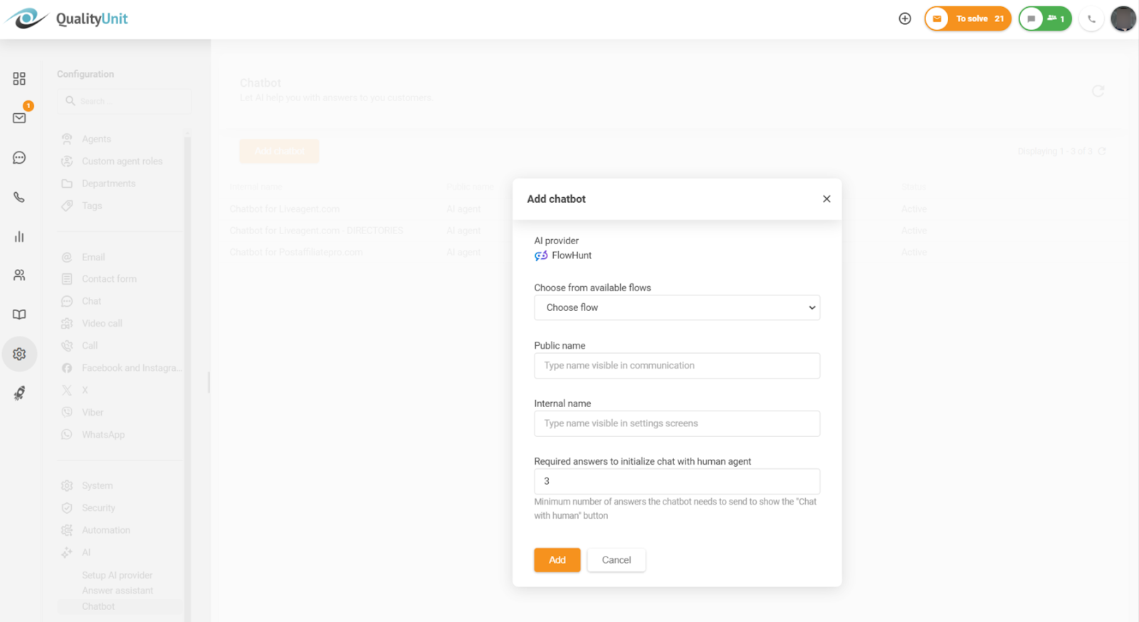Konfigurace minimálního počtu požadovaných odpovědí před povolením možnosti chatovat s člověkem