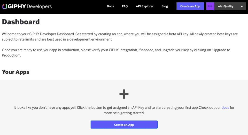 Dashboard Giphy s možností vytvoření aplikace pro generování API klíče