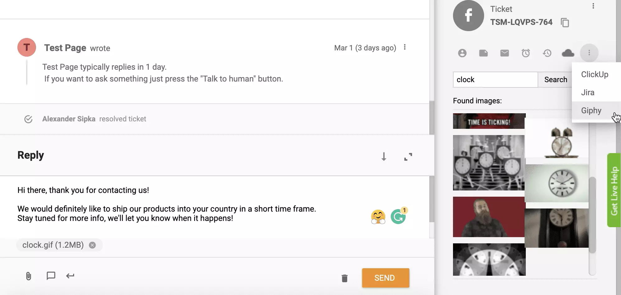 Integrace Giphy aktivovaná a fungující v systému ticketingu LiveAgent