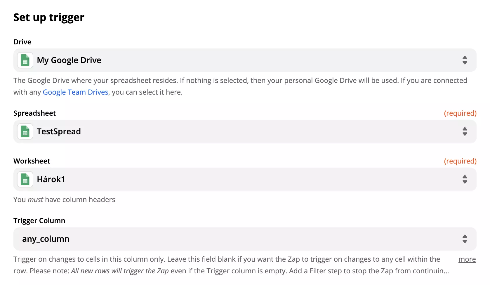 Možnosti a pole nastavení triggeru Google Sheets