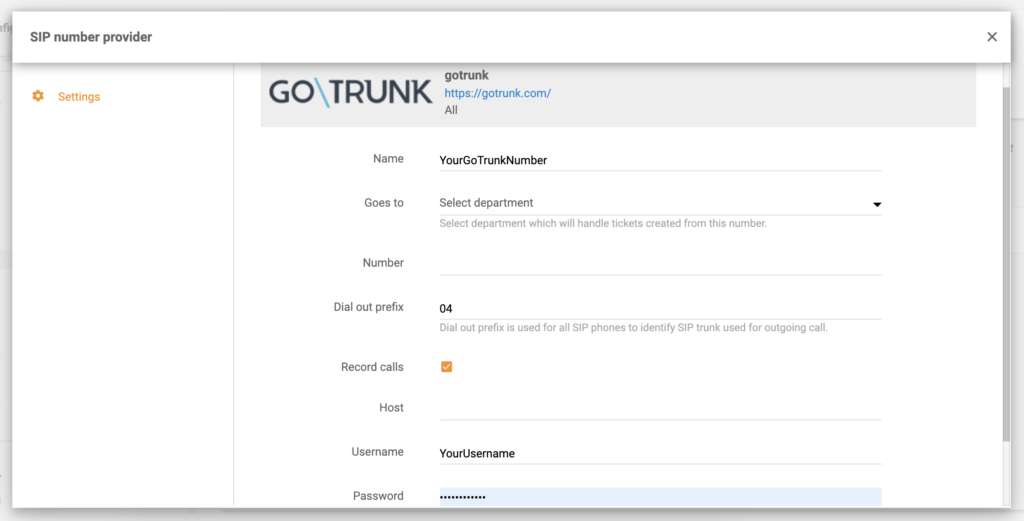 Finální konfigurace GoTrunk v LiveAgent