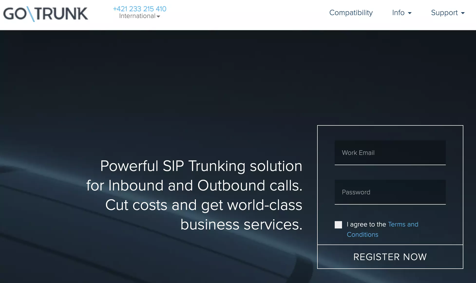 Registrační stránka GoTrunk