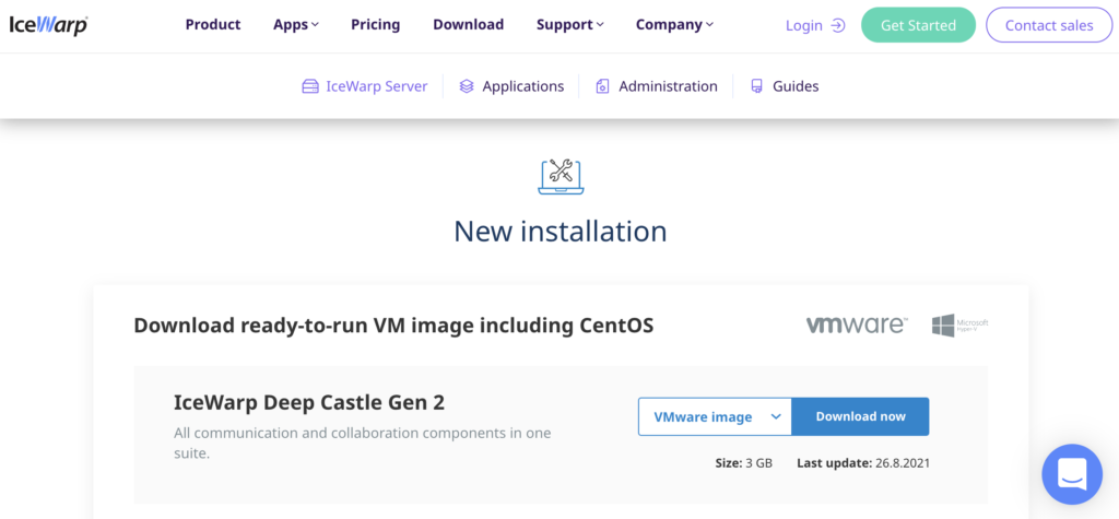 Web IceWarp s částí instalace a odkazy ke stažení