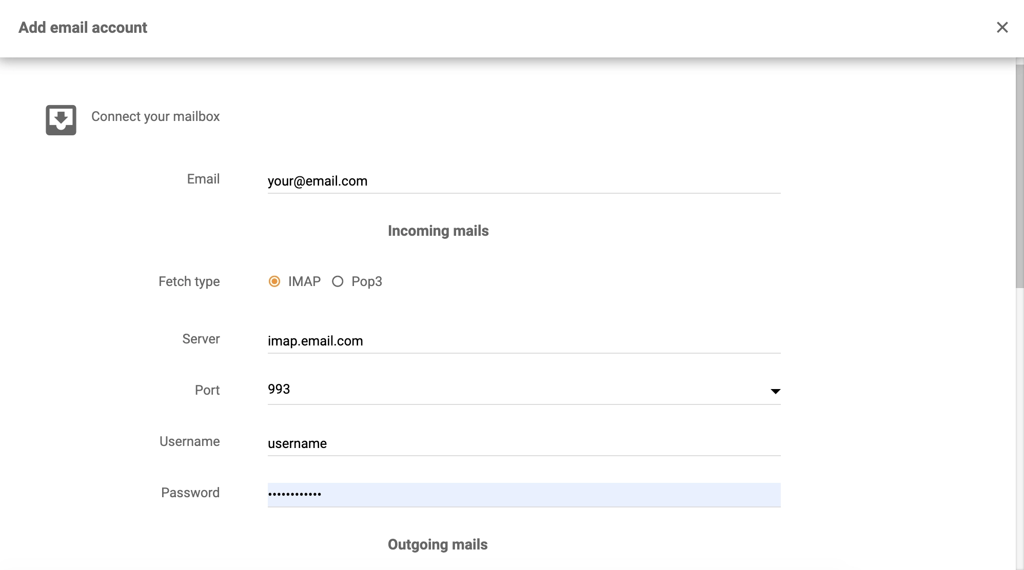 Údaje Dovecotu v konfiguraci integrace LiveAgent