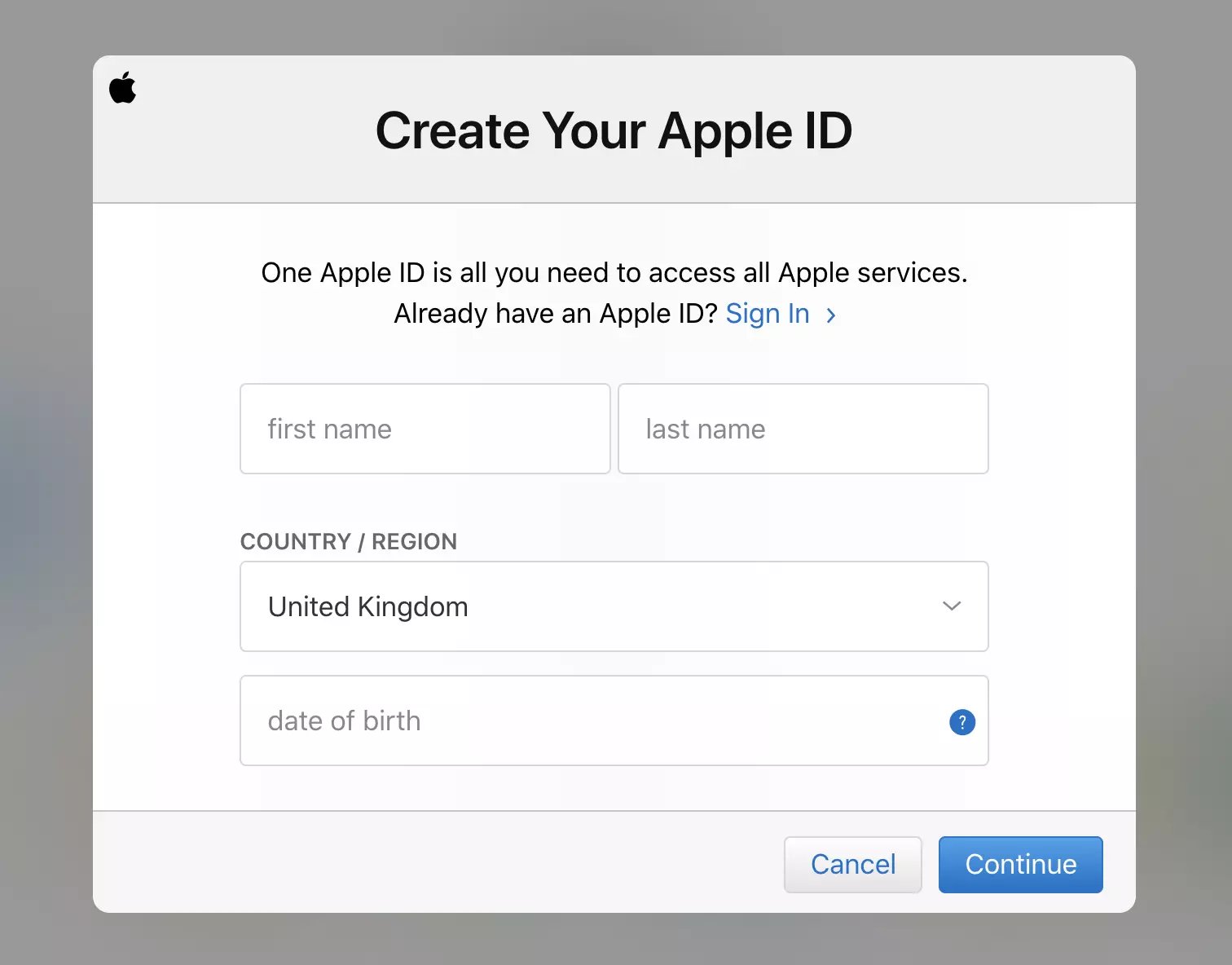 Registrační formulář účtu iCloud