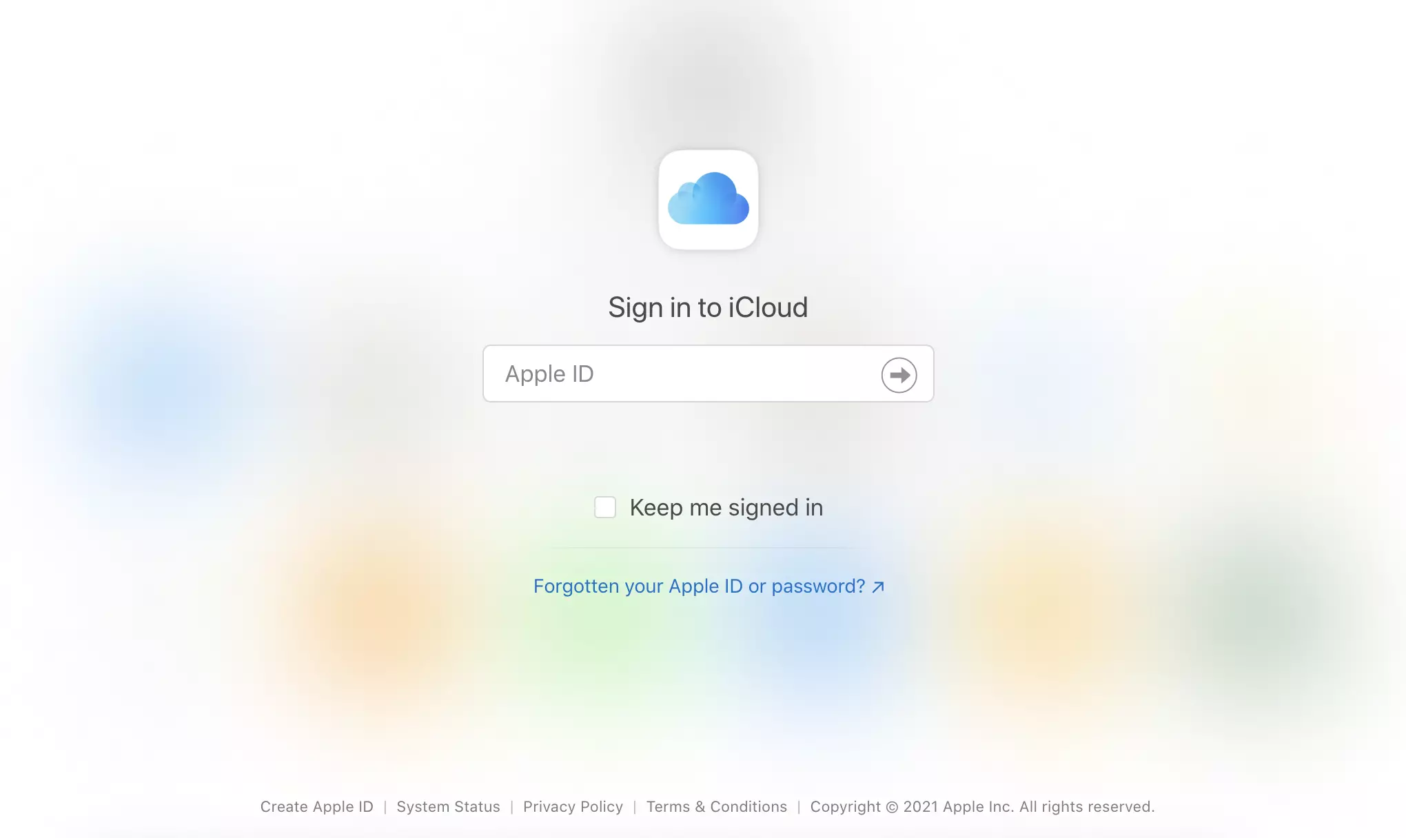 iCloud webová stránka s možnostmi přihlášení