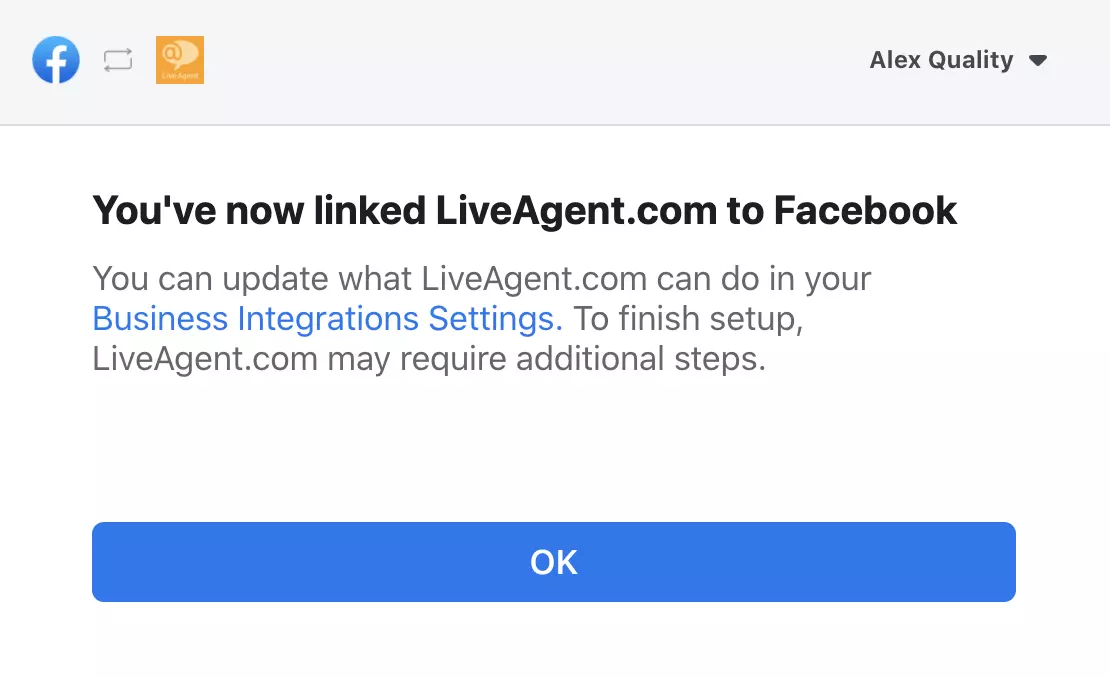 Vyskakovací okno potvrzující úspěšnou integraci mezi Facebookem a LiveAgent