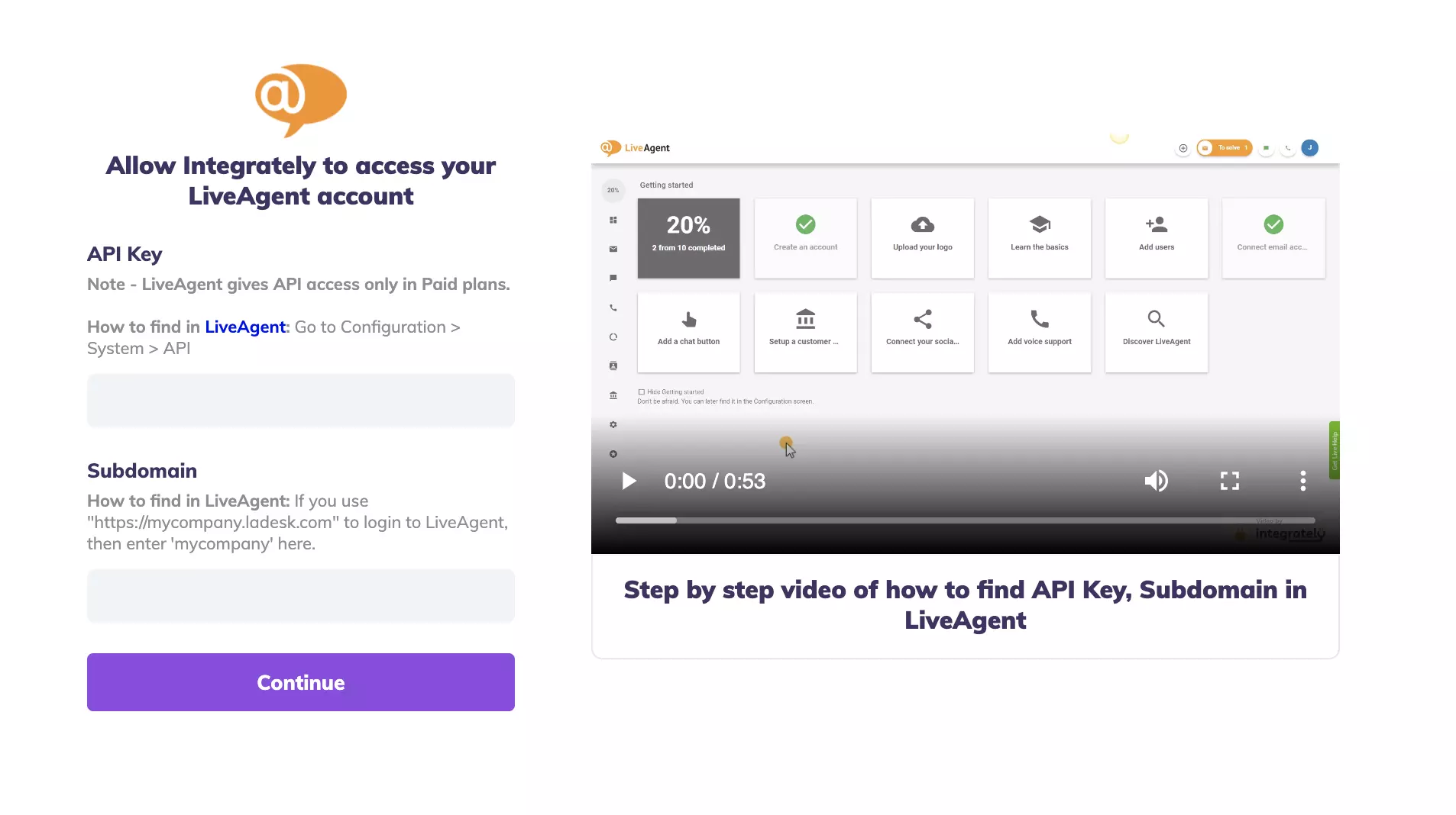 Pole klíče API a subdomény v testu integrace Integrately