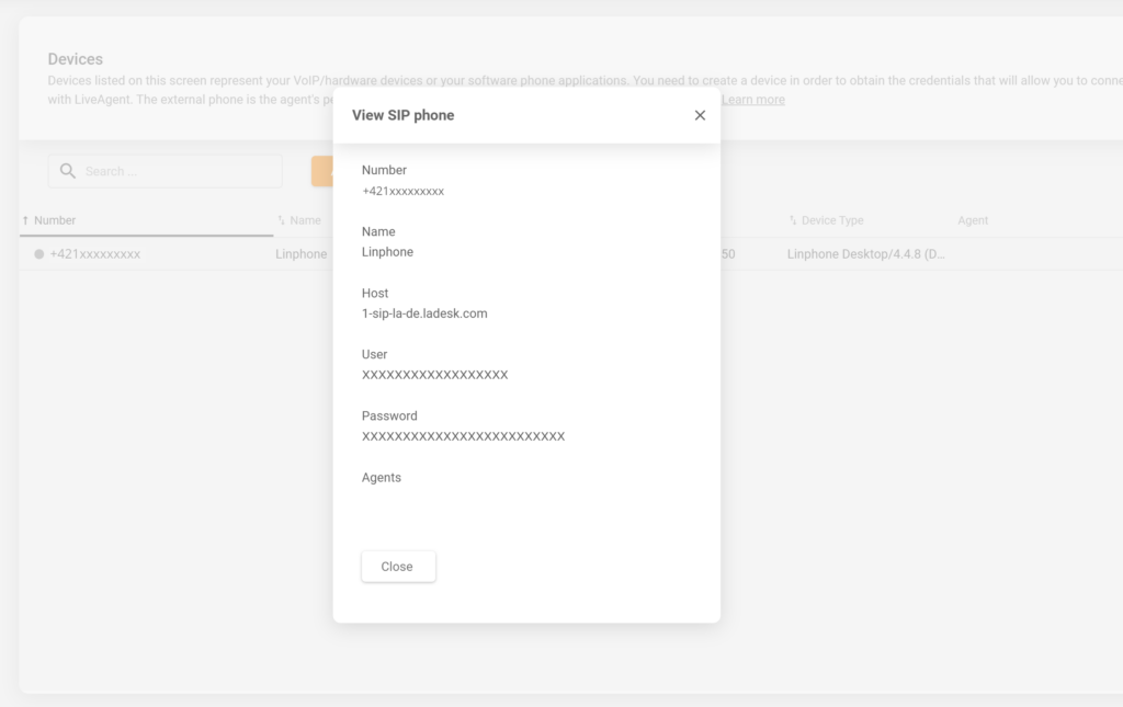 Konfigurace SIP zařízení LiveAgent