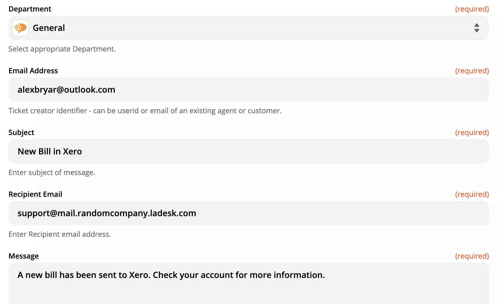 LiveAgent action configuration options on Zapier site