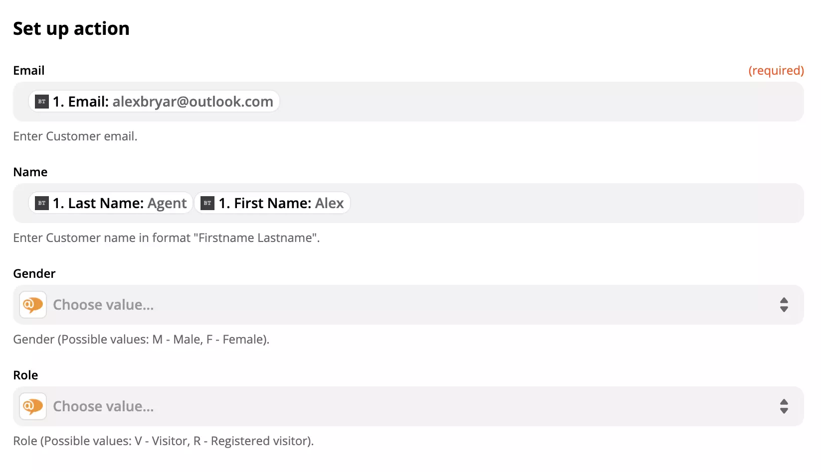 Konfigurace akce LiveAgent s daty v polích na Zapier