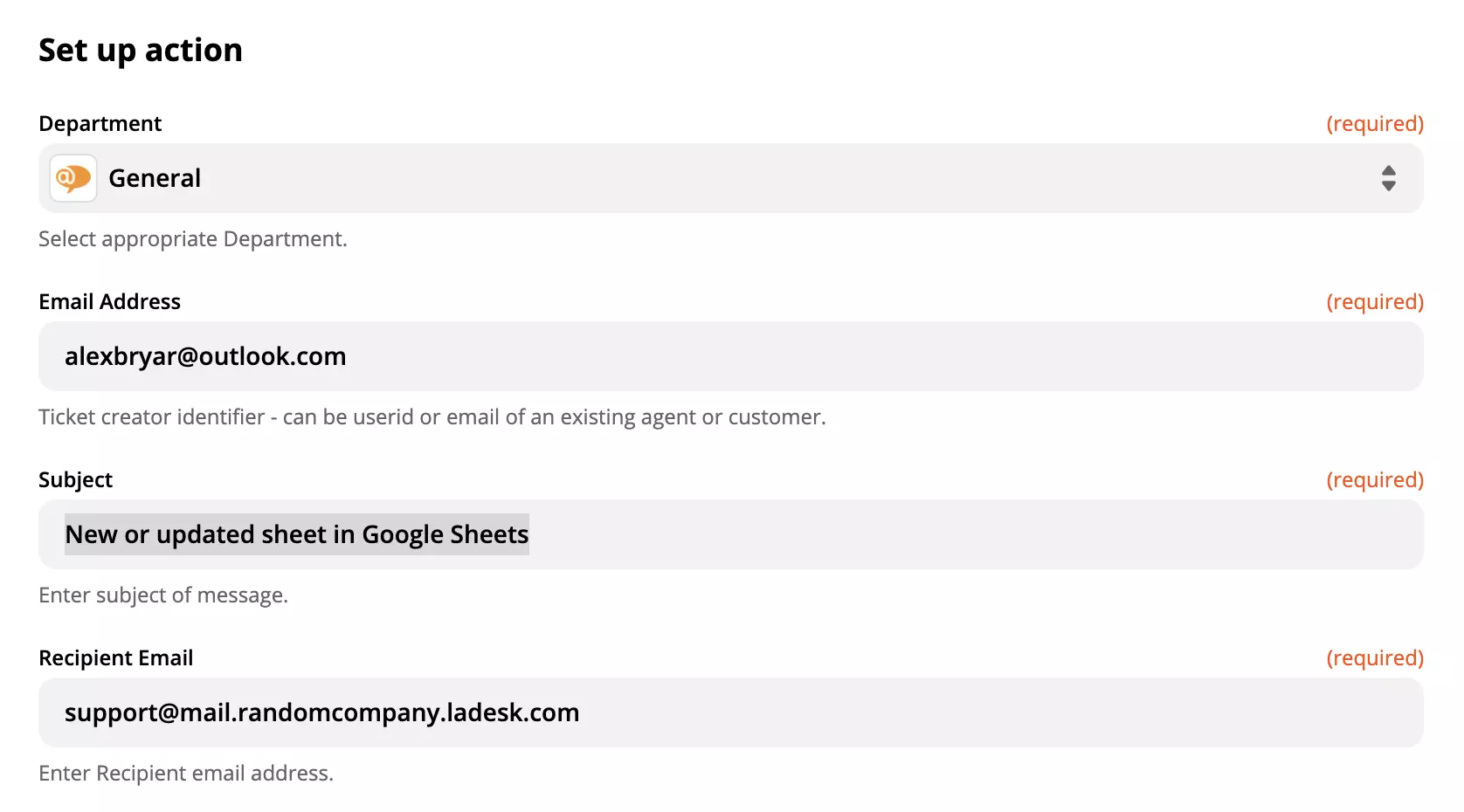 Nastavení akce LiveAgent v integraci Google Sheets