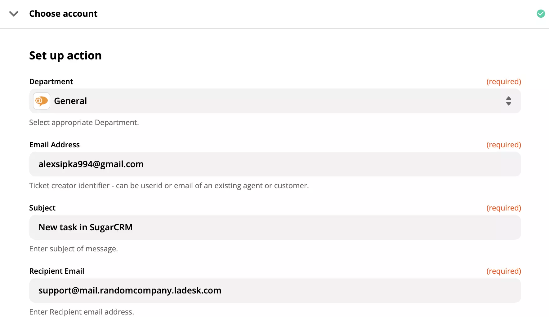 Nastavení akce LiveAgent v integraci Zapier