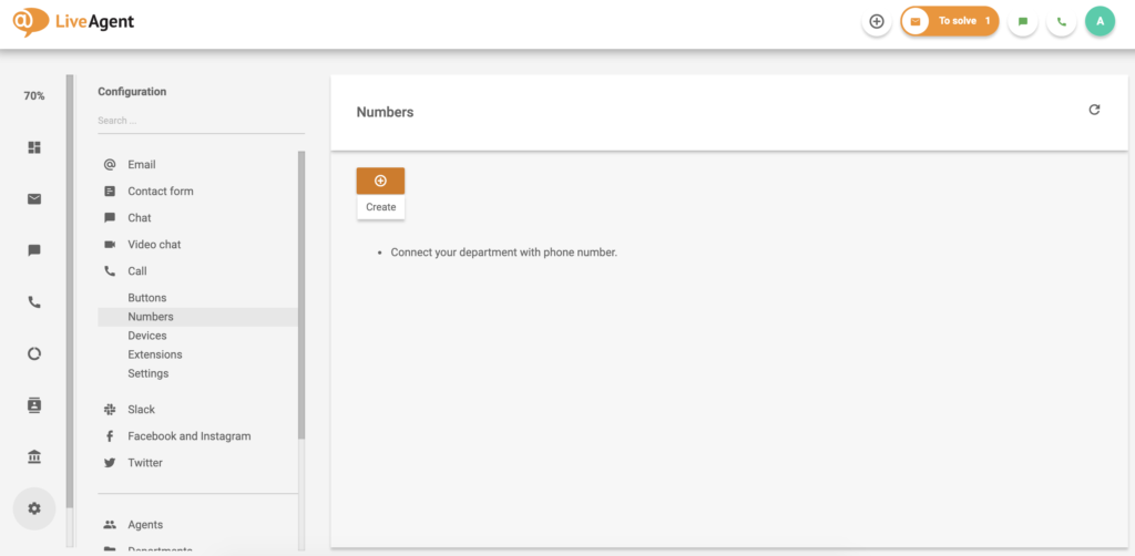 Obrazovka pro přidání telefonního čísla v LiveAgentu s možností vytvořit nové číslo