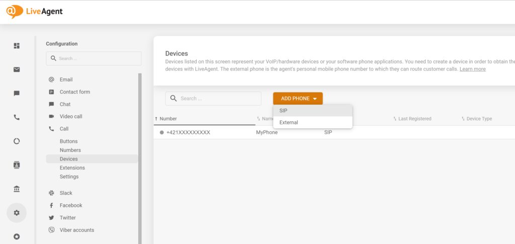 Jak přidat nový SIP telefon v konfiguraci LiveAgent