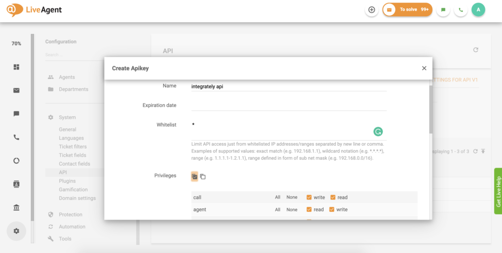 Nastavení klíče API v LiveAgent